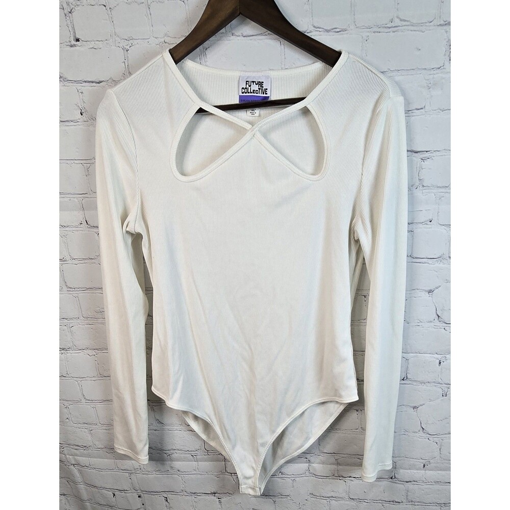 Future Collective Women's White Long Sleeve Ribbed Bodysuit Sz L Cut Out Snap